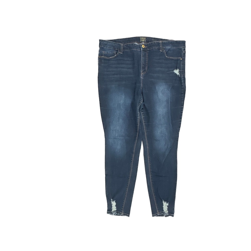True Craft Skinny Jeans Womens 22 Dark Distressed High Rise Raw Hem Denim